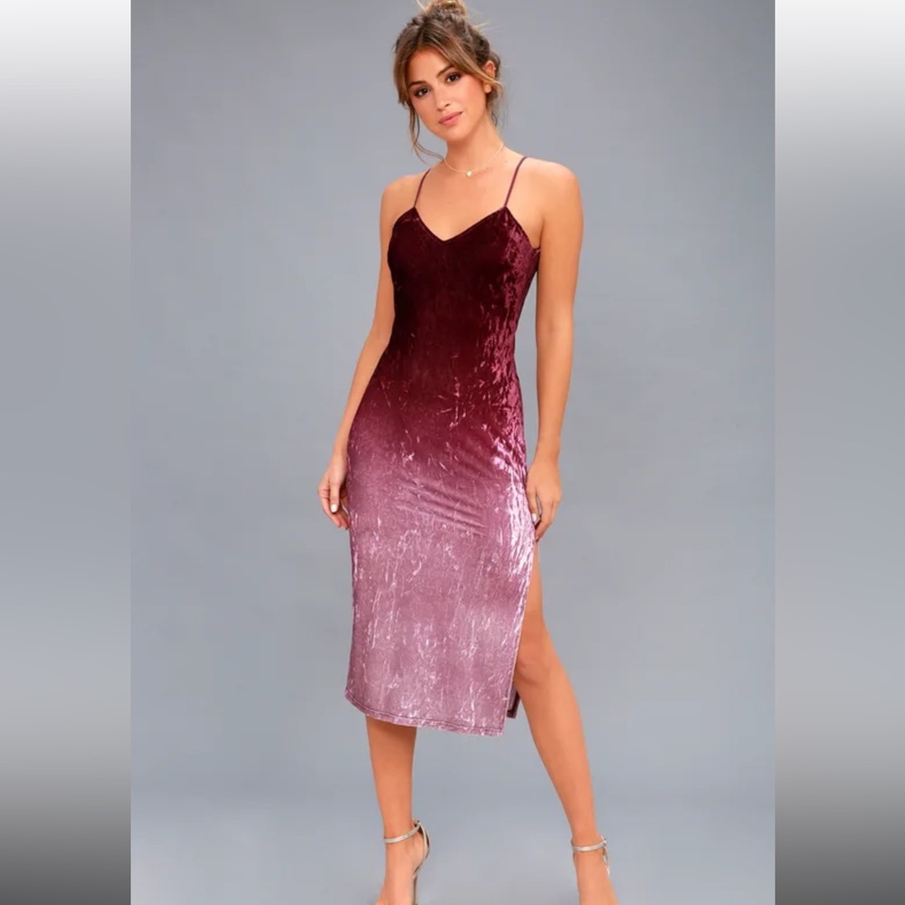 Lulu’s Sunset Skyline Burgundy Ombre Velvet Midi Dress - Size Small